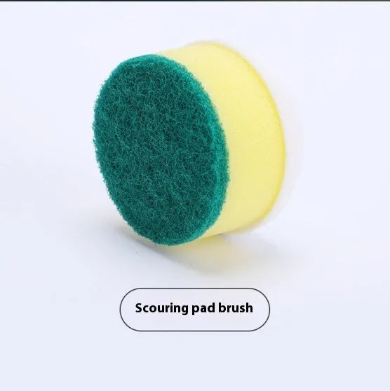 Cordless electric spin scrubber cleaning tool with four brush heads on storage bracket