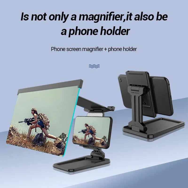 Black 12-inch mobile phone screen amplifier with detachable magnifier and phone holder in folded position