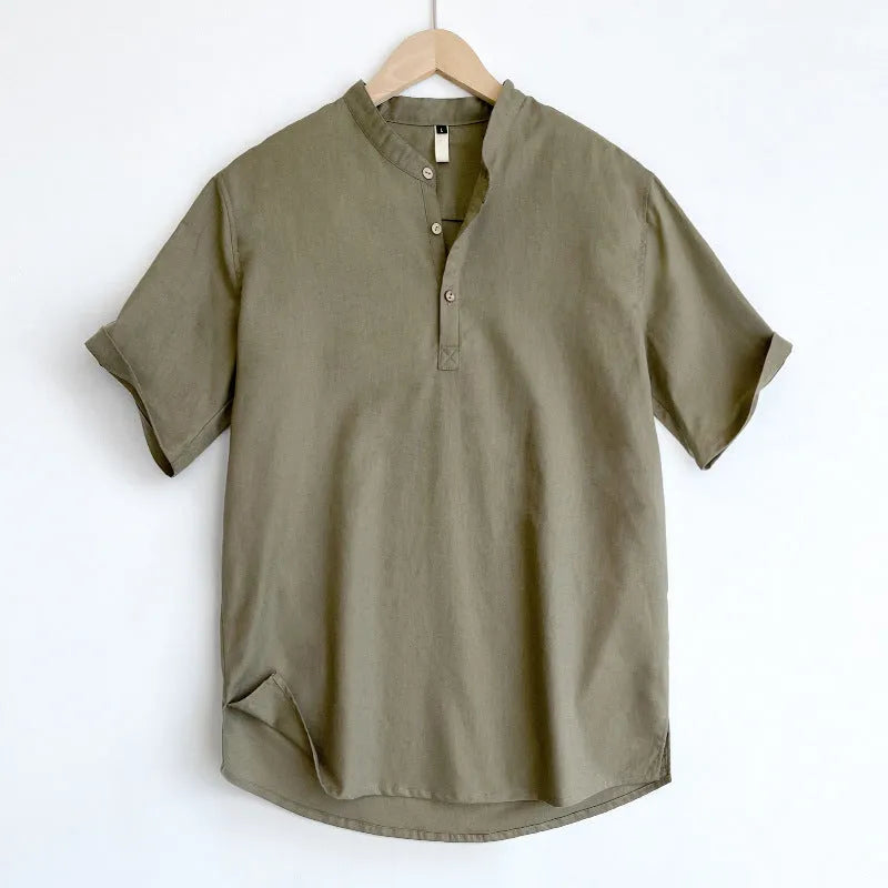 Men's solid colour linen short sleeve t-shirt in black, white, grey green or optic linen options