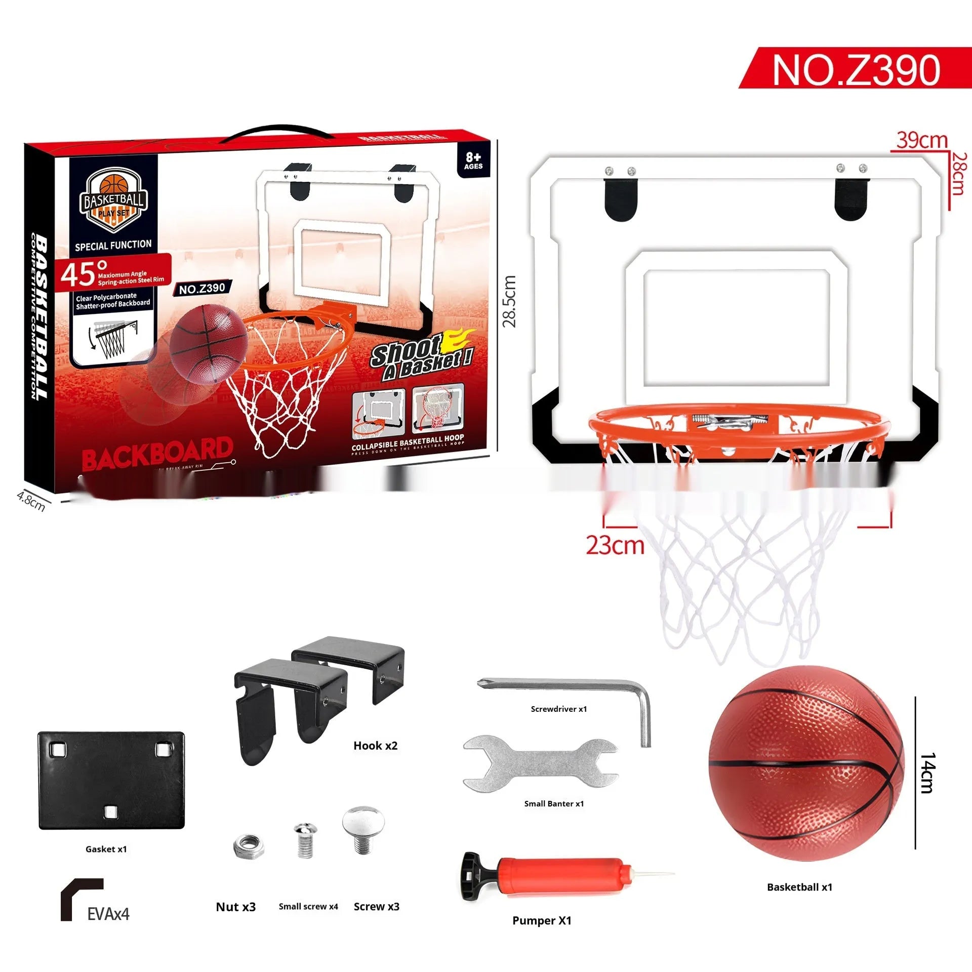 Red folding basketball frame with 400x300mm panels, 25cm frame height, and suction cup installation for indoor use
