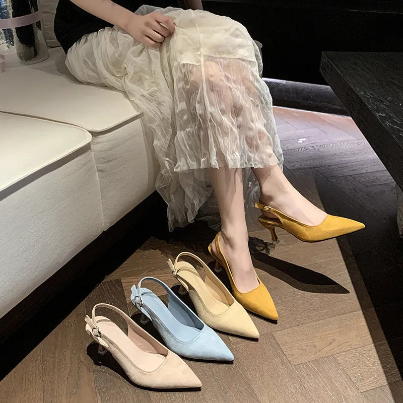 Women's pointed toe stiletto heels in suede with microfiber lining, available in four spring colours