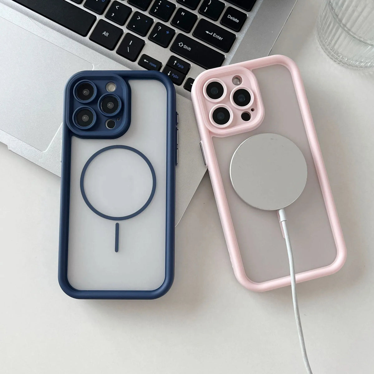 Magnetic skin-feel phone case for iPhone in black, blue, grey, khaki, or pink with TPU PC shockproof cover