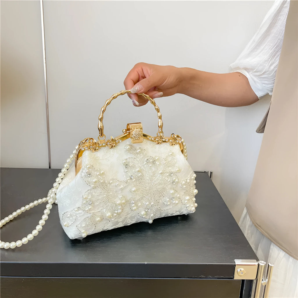 Pearl embroidered fashion handbag with double shoulder straps in horizontal square shape