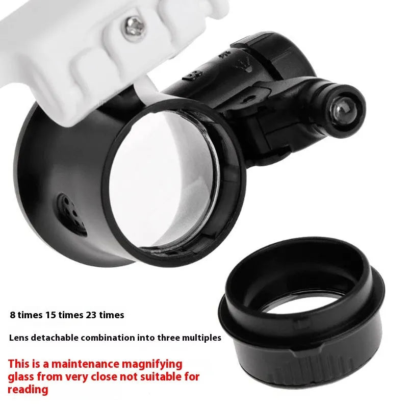 White head mounted magnifying glass with 30mm lenses and LED light for clock and antique glass repair