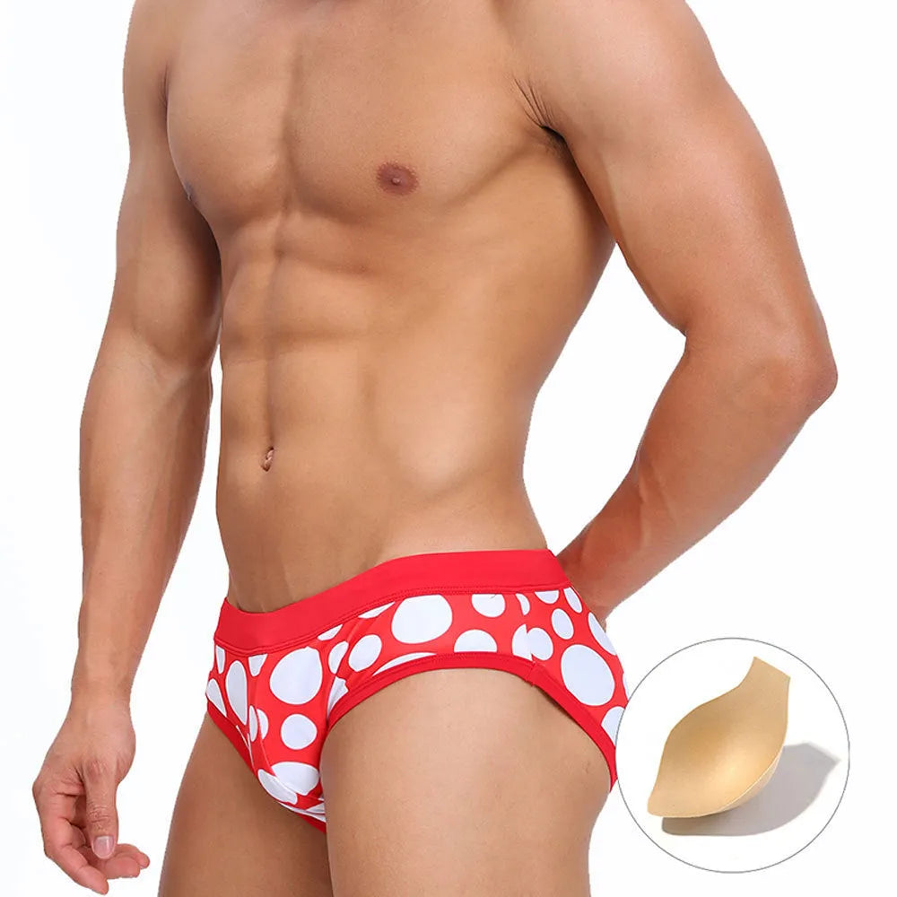 Men's triangle swimming trunks with cups, polyester, black or red ribbon cup design, sizes M to XXL
