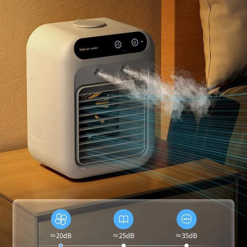 Ivory white portable USB air cooler with water tank and touchscreen controls on desk
