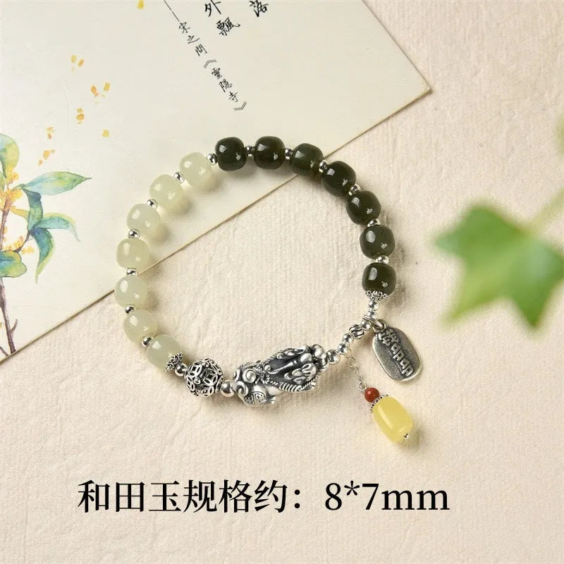 Pure silver coin bracelet with 8x7mm natural Hetian jade centrepiece, retro women's style