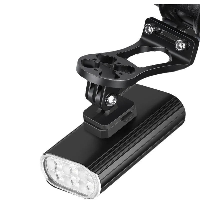 Aluminium alloy bicycle headlight showing front lens with six XPT beads and a USB Type-C charging port on the side.