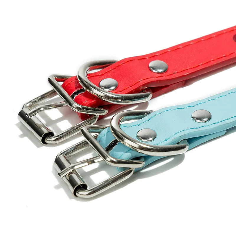 Thickened PU leather dog collar with metal studs and an alloy buckle in a choice of six colours.
