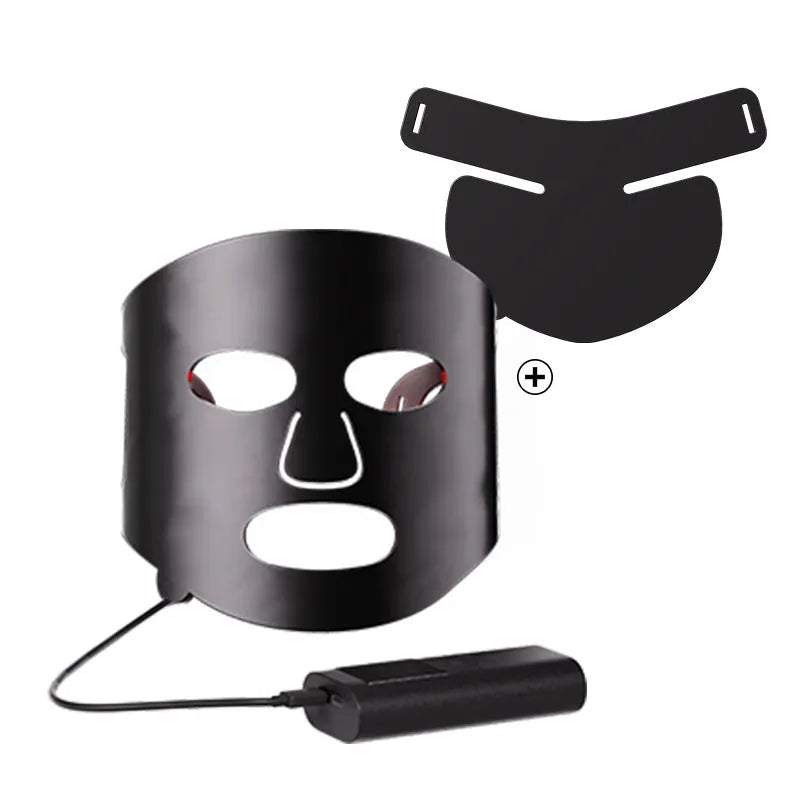 Black and gold LED phototherapy face mask with controller on a white background.
