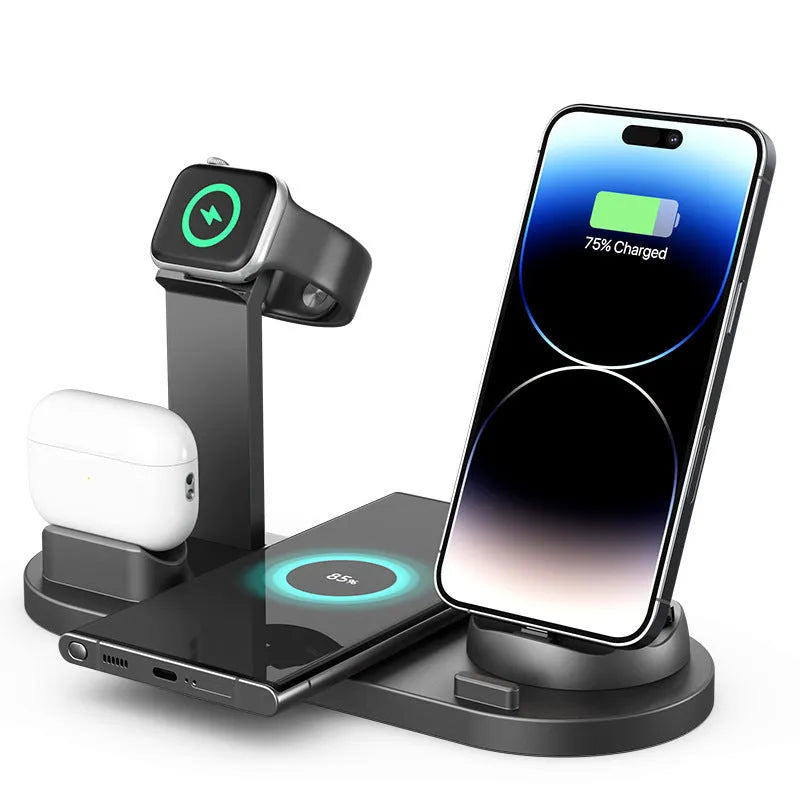 Aluminium wireless charging stand for mobile phone with headset and watch holder in silver colour