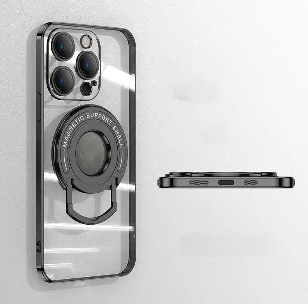 Transparent magnetic iPhone case with a silver electroplated frame and a pulled-out kickstand.
