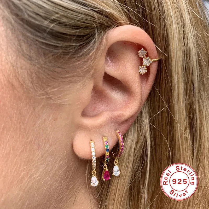 S925 sterling silver water drop earrings with geometric design and crystal accent on gold electroplated finish