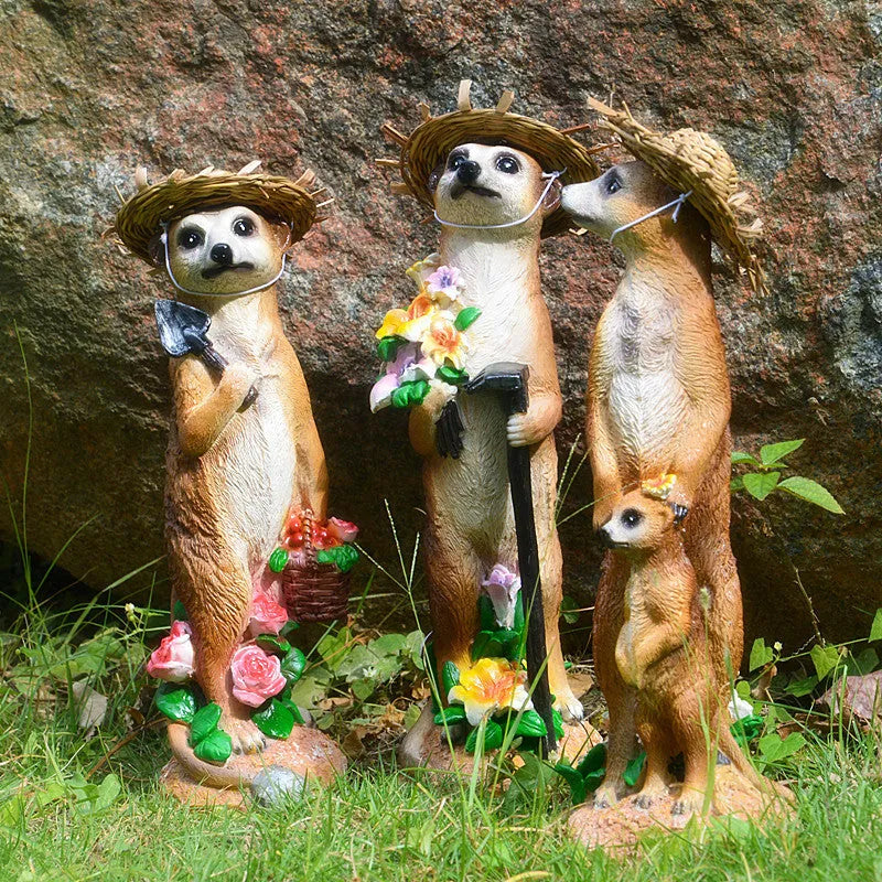 Straw hat mongoose ornament in resin and plastic with detailed animal features and miniature tools