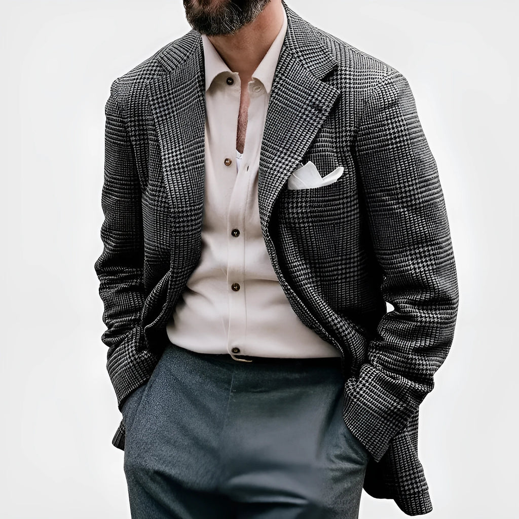 Men's casual double-breasted suit jacket with printed pattern, synthetic fibre blend, long sleeves, available in three colours and sizes S-5XL.