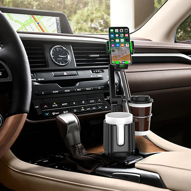 Green car drink rack and mobile phone holder with 3.0kg capacity measuring 16.5x11x18.5cm