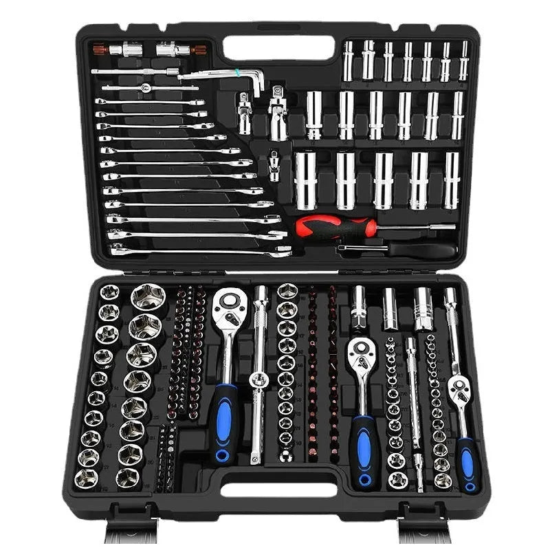 46-piece socket ratchet wrench set with Cr-V steel tools and nickel plating in a black storage box
