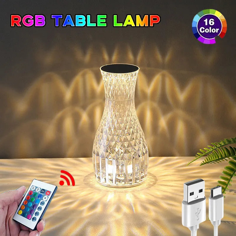 Vase-shaped crystal table lamp with remote control and USB charging port, 9cm wide by 19cm tall