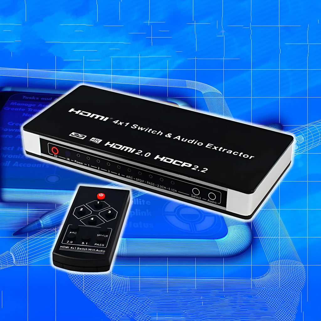 Black HDMI switch box with four input ports and one output port, shown with remote control and cable.