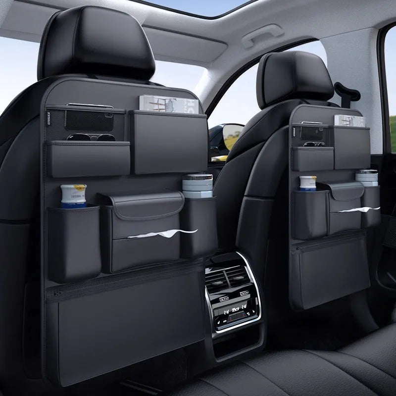 Black leather hanging storage bag with handle for car seat or buggy organisation