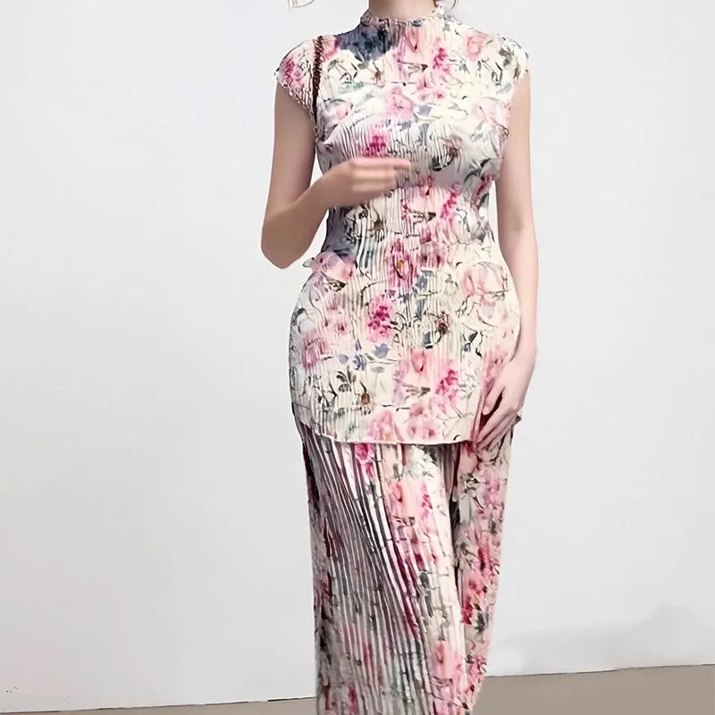 Long sleeve printed chiffon dress high waist set with skirt and top in sizes S to 3XL
