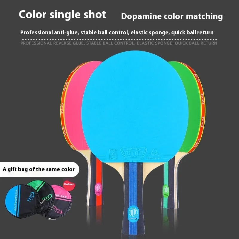 Single table tennis racket with high-elasticity rubber and long shakehand grip next to its matching protective carry bag.