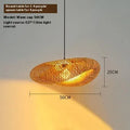 Bamboo hanging lamp with straw hat design showing woven natural bamboo construction and three size options