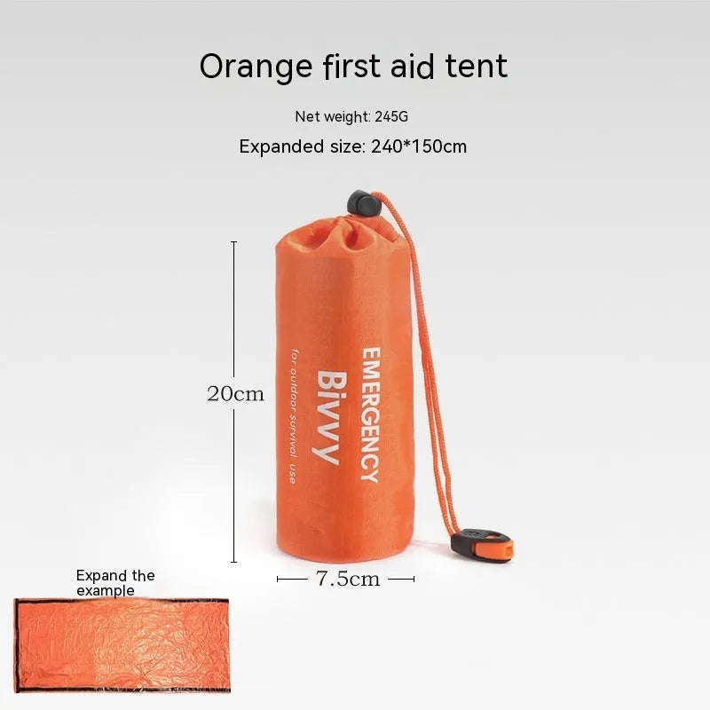 Portable outdoor disaster relief tent in orange or green with emergency blanket and whistle for camping