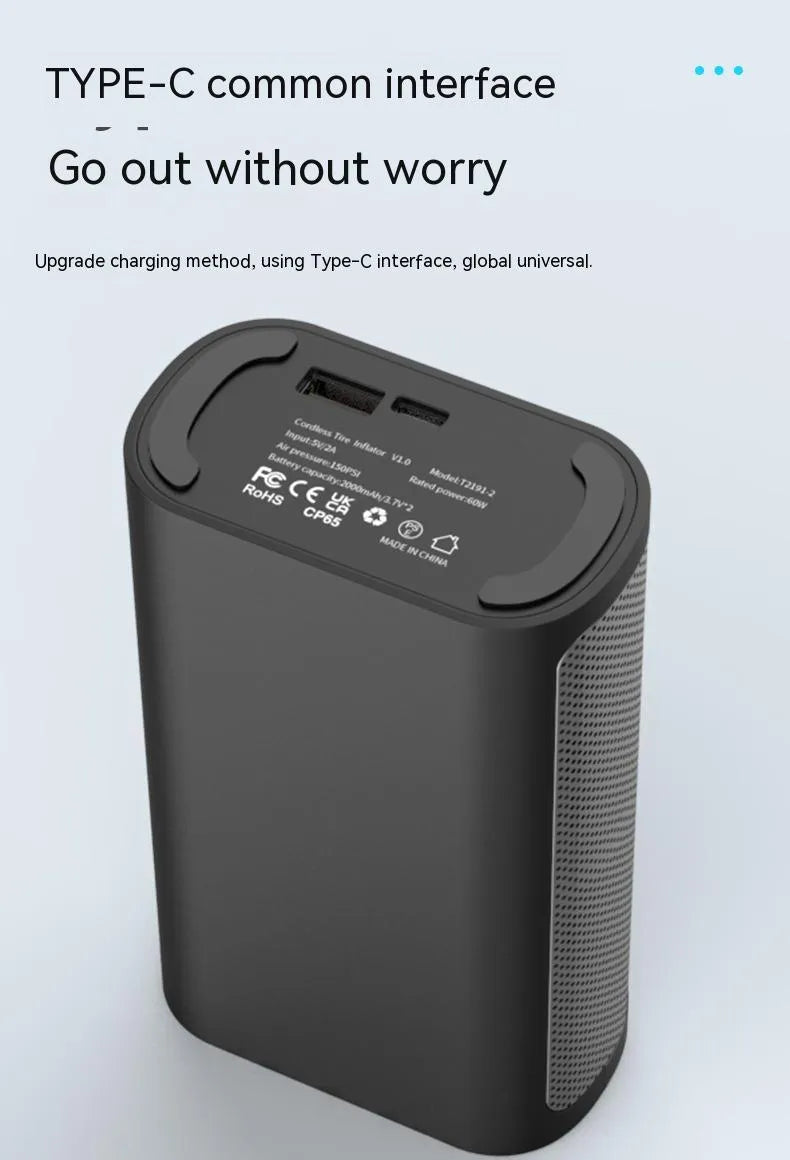 Wireless handheld digital display air pump with LCD screen showing tyre pressure, three nozzles, and charging cable