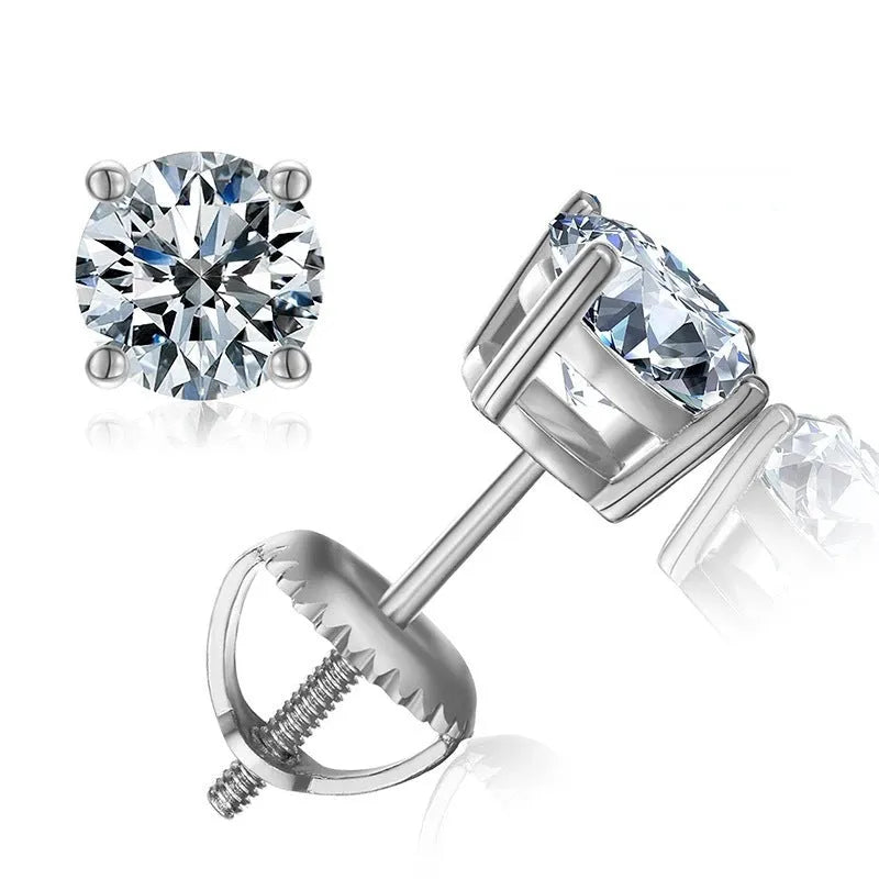 Close-up of a women's silver screw back moissanite stud earring with a four claw setting and geometric cut stone.