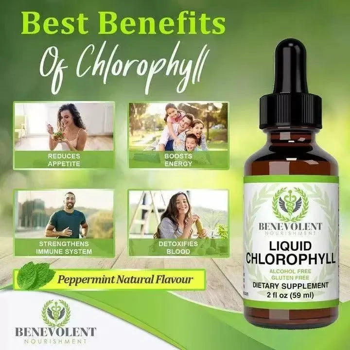 60ml glass dropper bottle of liquid chlorophyll drops with integrated 1ml measuring dropper