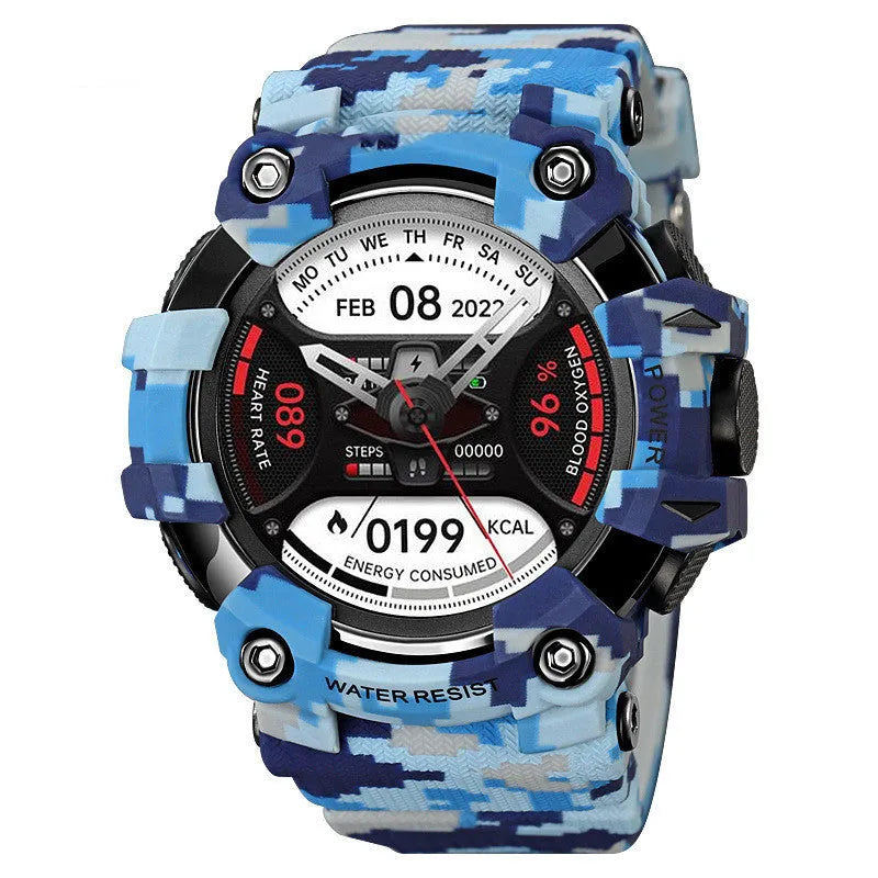 Round 56mm smart watch with touch screen showing health metrics and TPU strap in camouflage colour