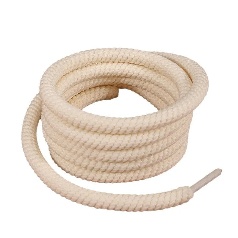 Round woven shoelaces in black, white and beige colours showing 10mm diameter and length variations
