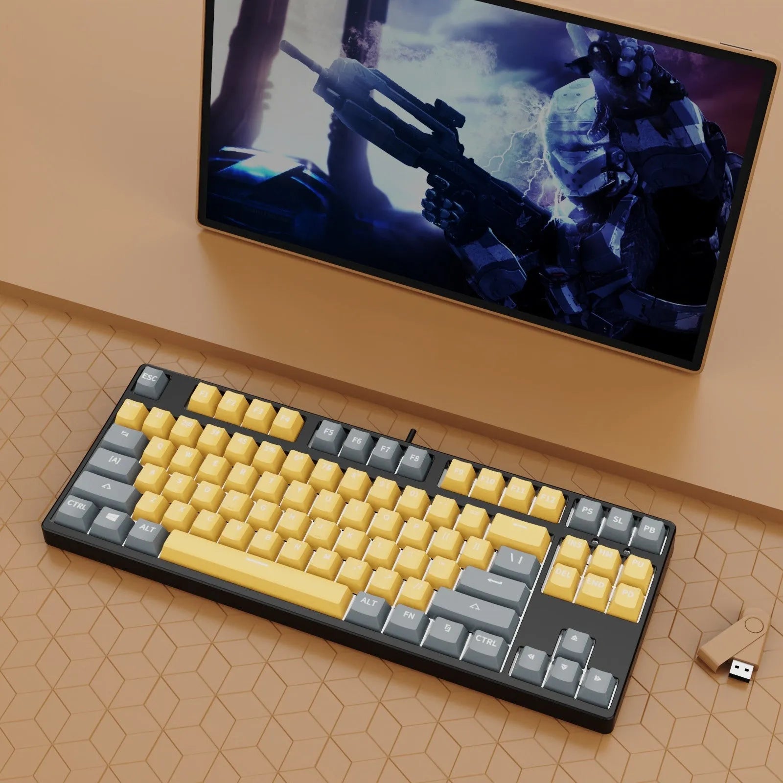 87-key wired mechanical keyboard with two-tone keycaps and metal frame, showing compact design and included tools