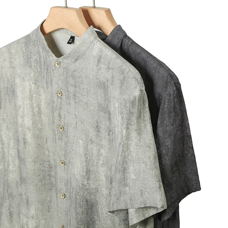 Men's loose fit linen blend shirt with a stand collar in black grey colour.
