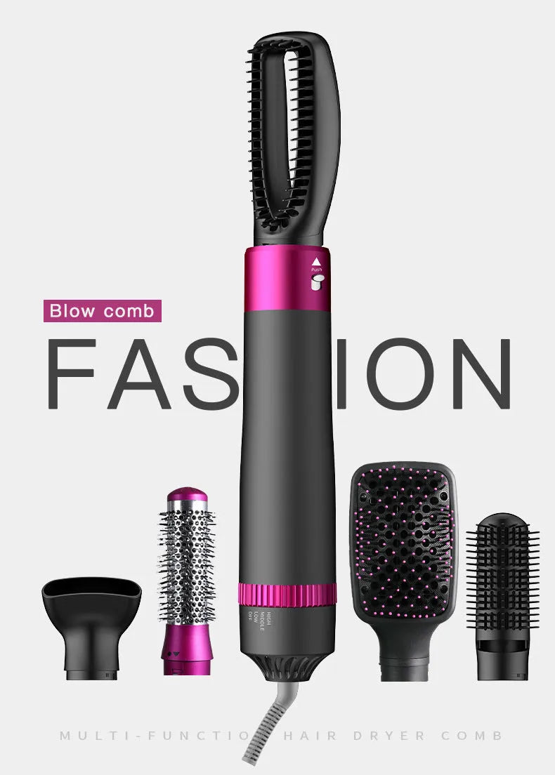 Grey 5-in-1 hot air comb curler hair dryer with 3 speed adjustment and US standard plug