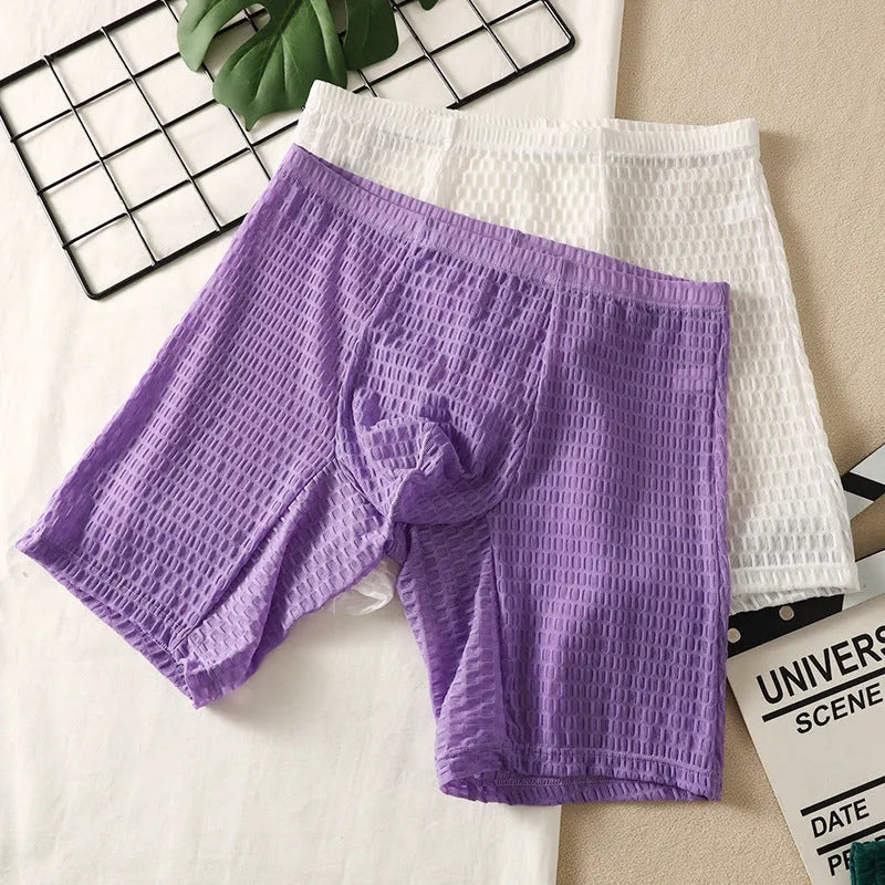 Men's lace shaping boxer briefs in light purple on a white background, showing the hip-lifting design.