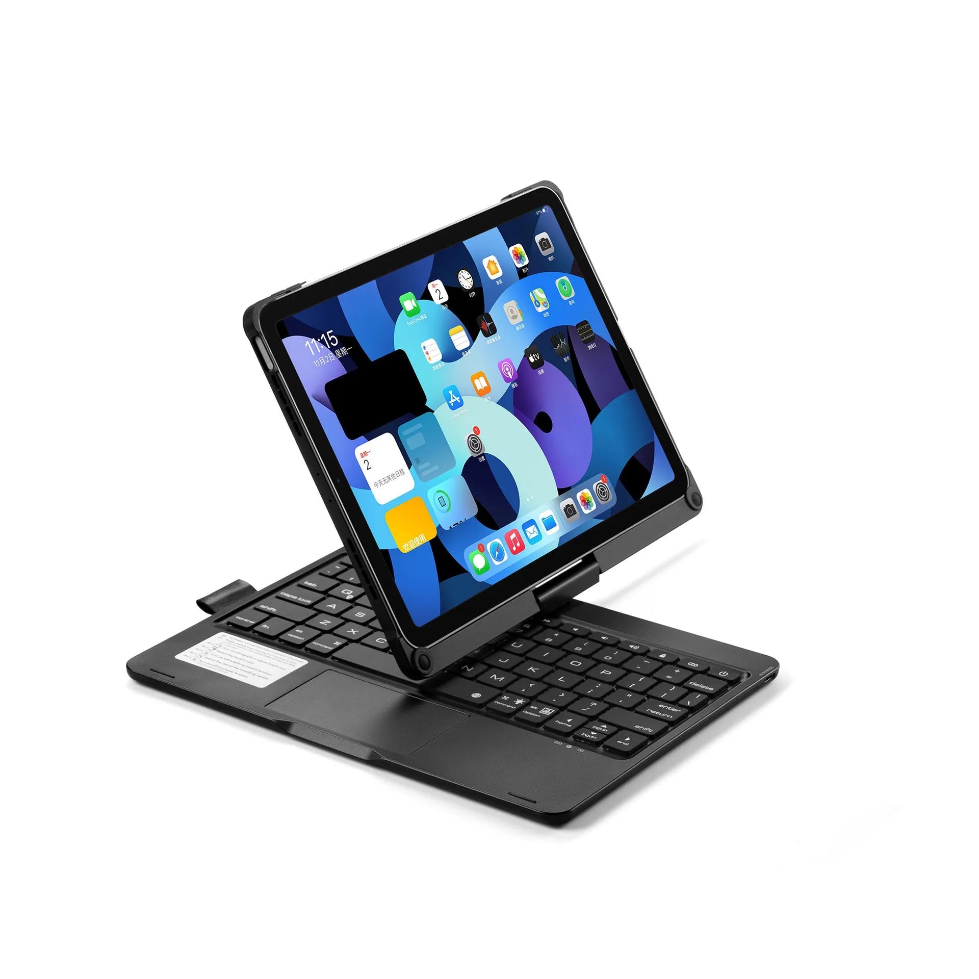Bluetooth keyboard in black with 360-degree rotating stand and touch backlight for iPad, showing compact design and wireless connectivity.