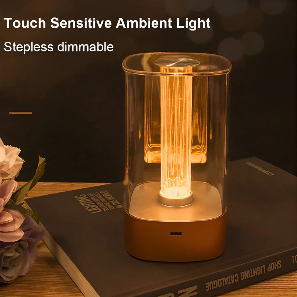 Rose gold touch-control LED bedside lamp with decorative conch pattern and USB charging cable