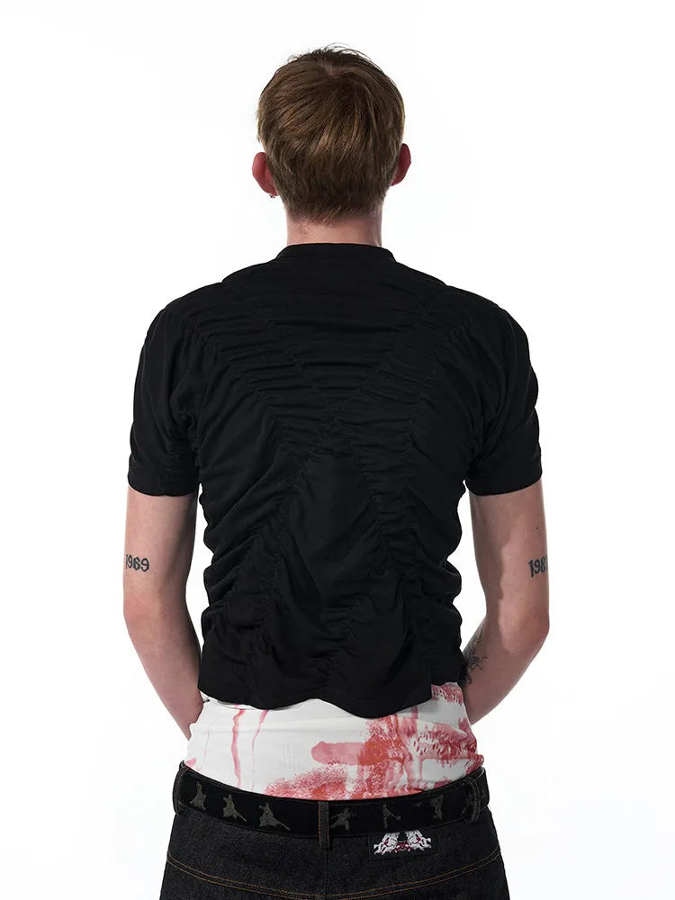 Men's black summer t-shirt with printed pleating detail and slim fit design