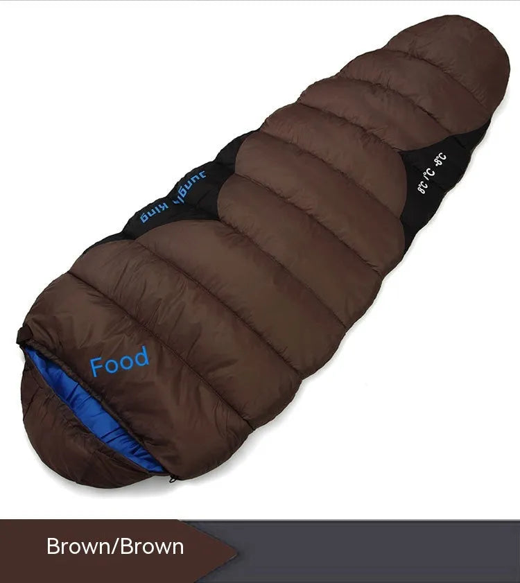 Mummy-style camping sleeping bag in Army Green colour, compressed in storage bag beside expanded view showing tapered design