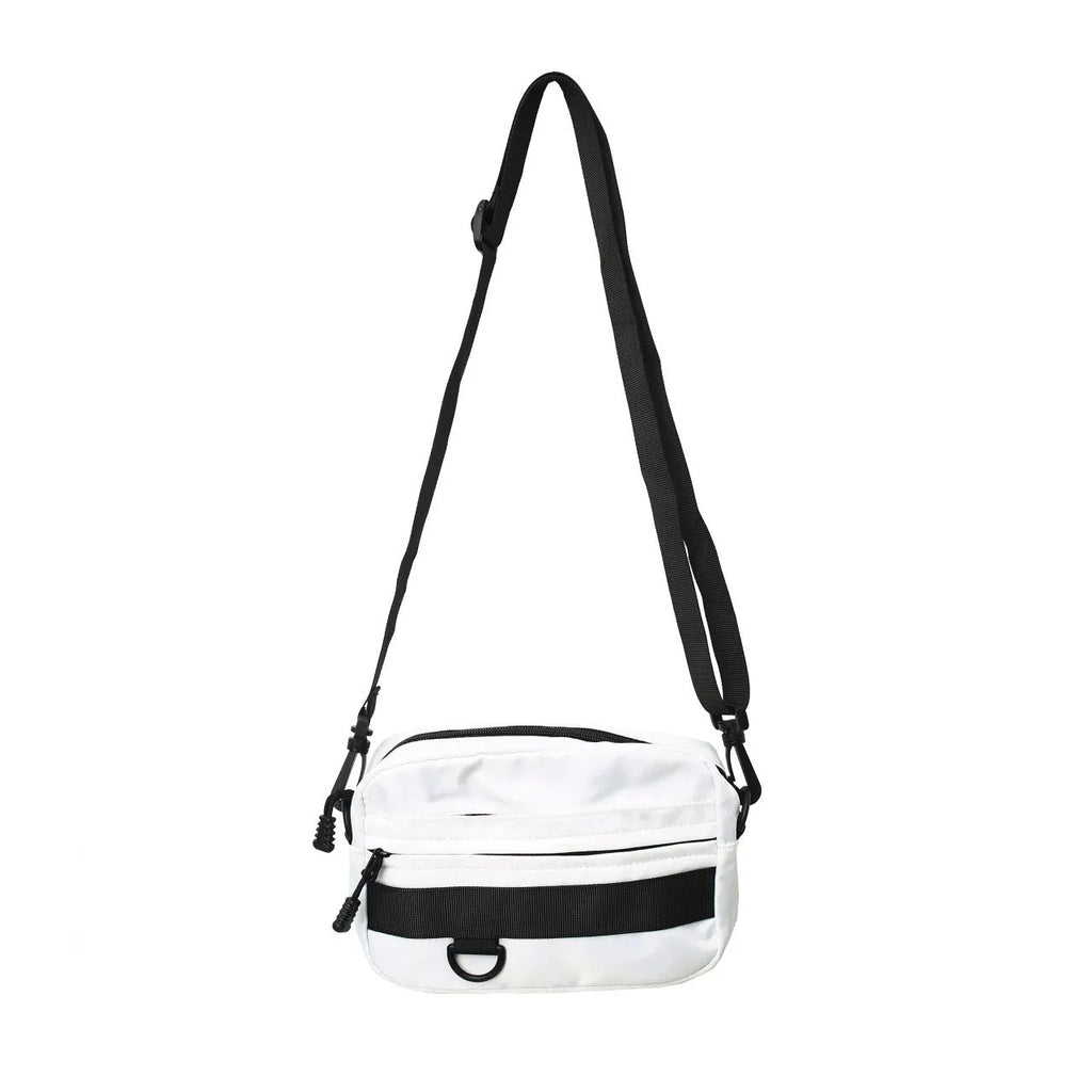 Men's solid colour nylon crossbody messenger bag with visible sewing thread detail.