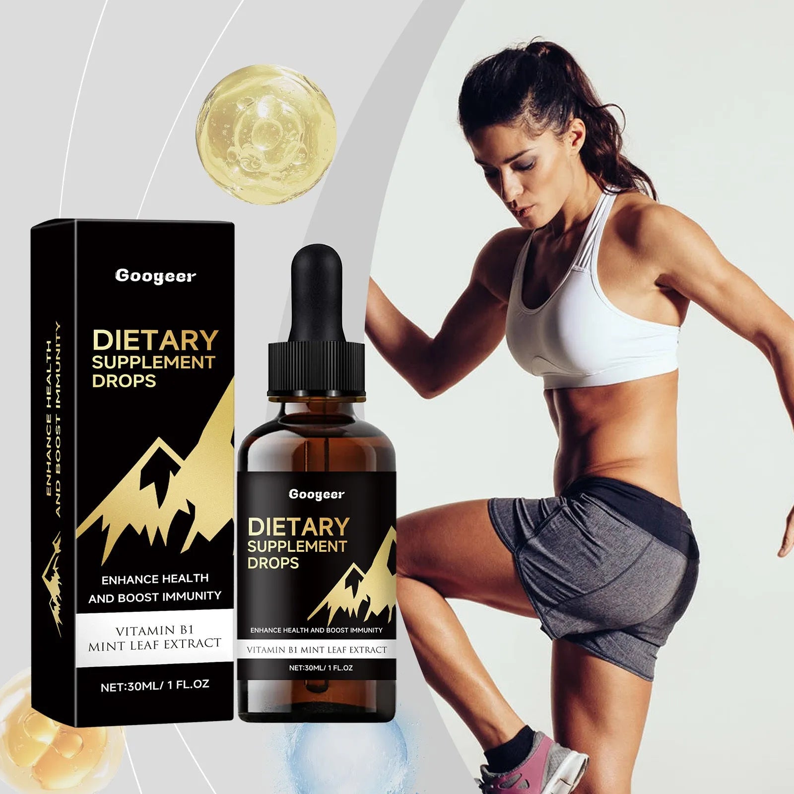 Bottle of dietary supplement liquid drops with a separate measured dropper for dosage.