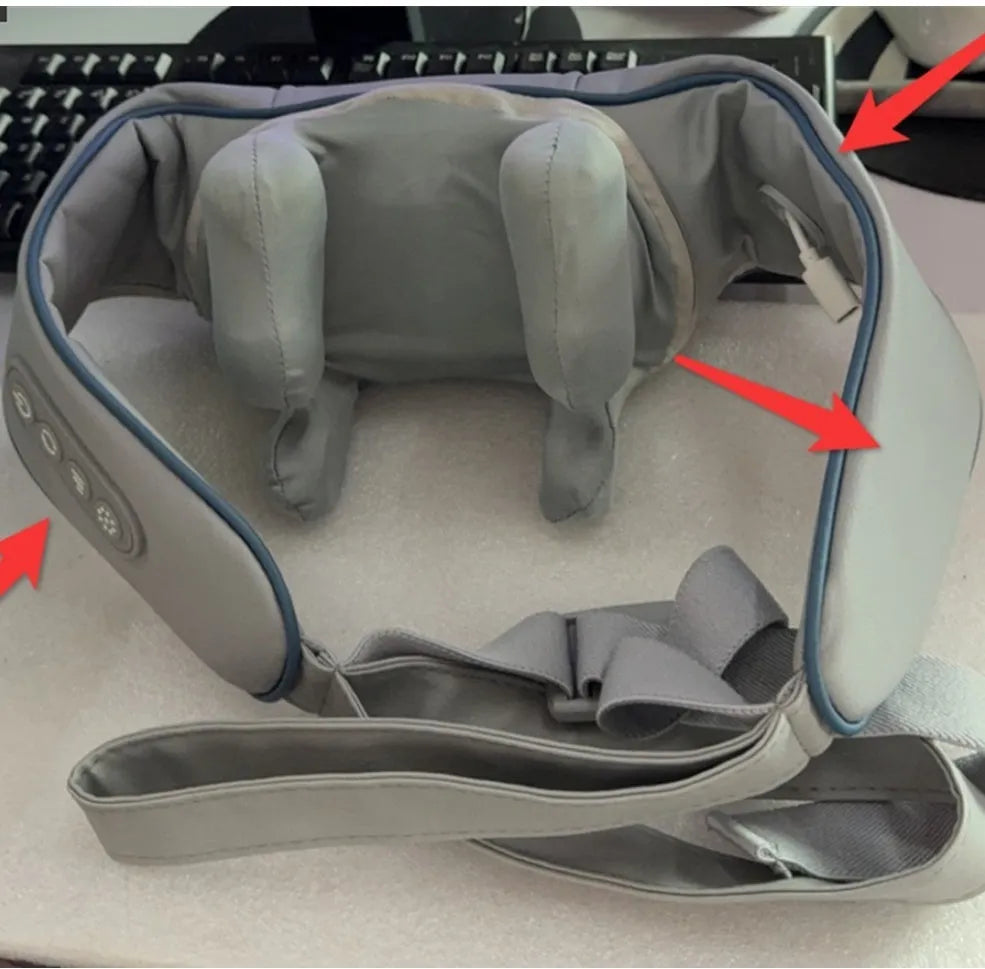 Grey elastic fabric USB neck and back massager with two gear settings and infrared function.