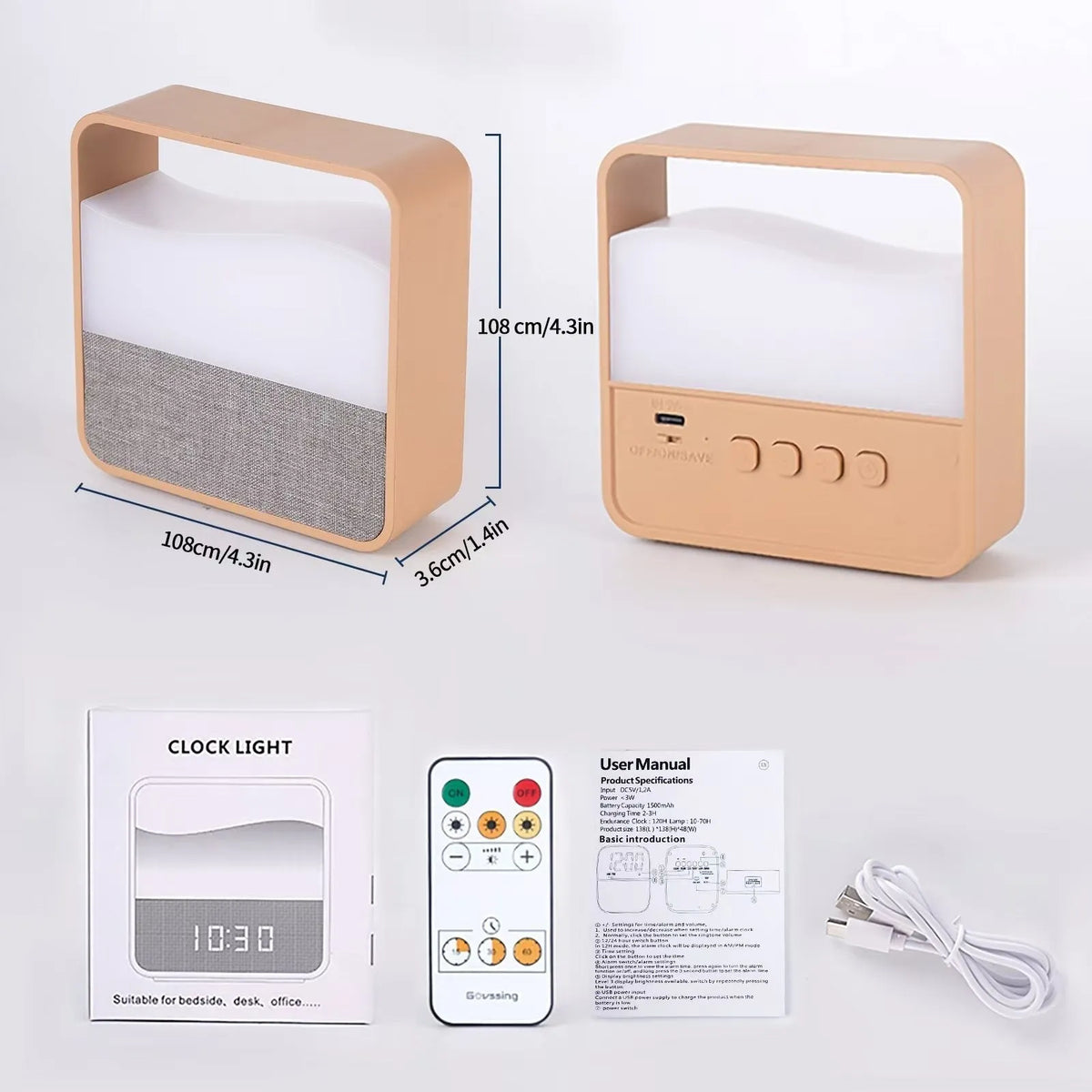 Wood grain alarm clock night lamp with remote control, warm white 3W LED, 109x107x36mm geometric bedside unit