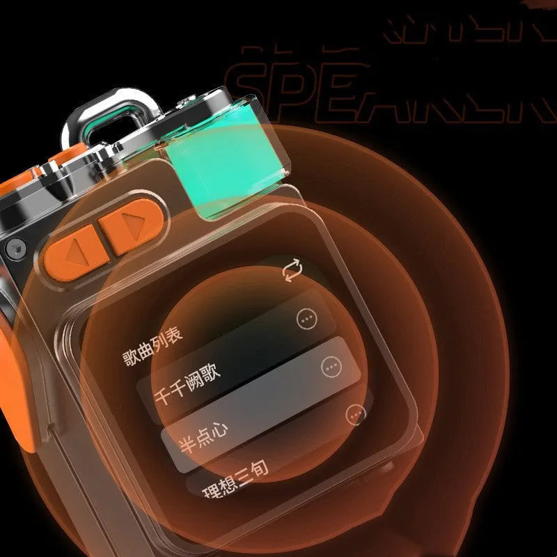 Dark grey touch screen wireless Bluetooth speaker with compact 80x59x45mm dimensions and USB port