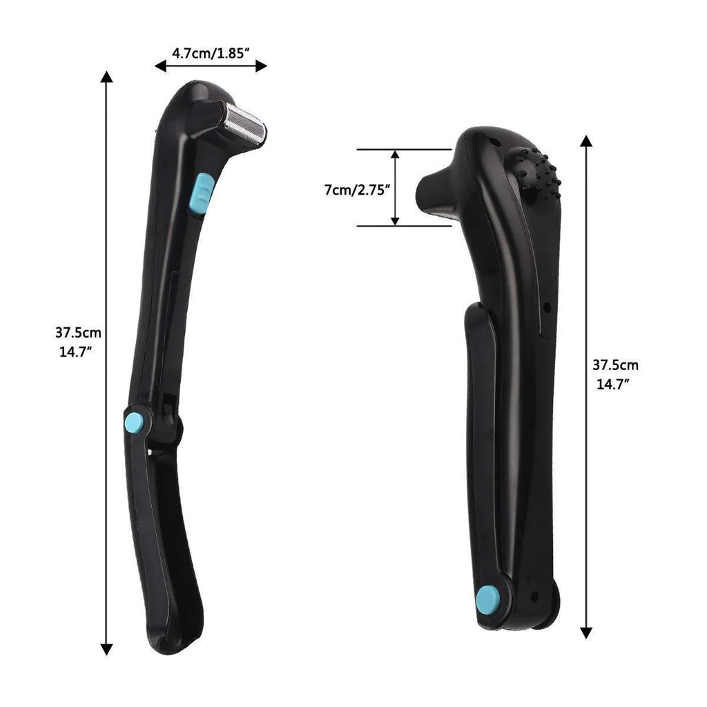 Black folding body electric shaver for men and women, uses AA batteries.