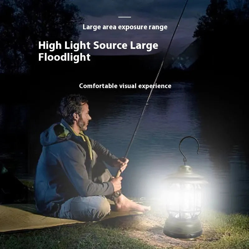 Portable camping lantern measuring 16.6 cm height in dark green, black, and red colours with multiple power options