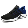 Men's black and blue Flyknit mesh casual sneakers with lace-up front and soft sole.