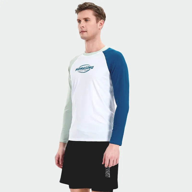 Men's long-sleeved sunscreen swimsuit in white top and double-layer beach swim trunks for swimming and surfing